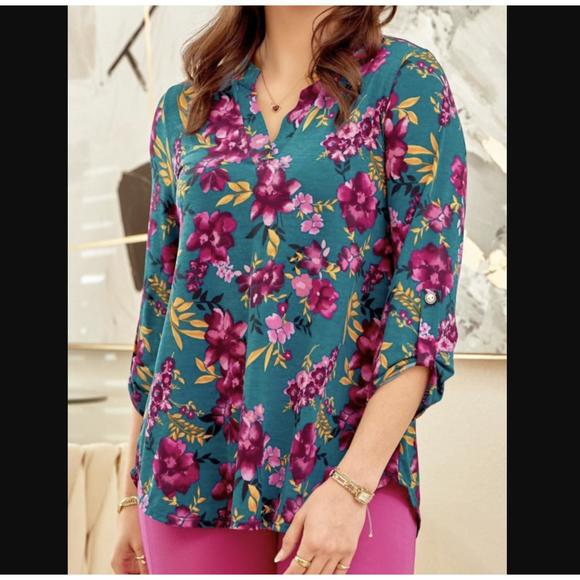NEW DEAR SCARLETT truly 3/4 sleeve top in teal & magenta floral - Picture 3 of 3